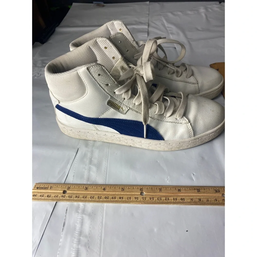 PUMA White Blue Mid-Top Court Sneakers Men's US 9.5 Lace-Up Casual‎ Shoes